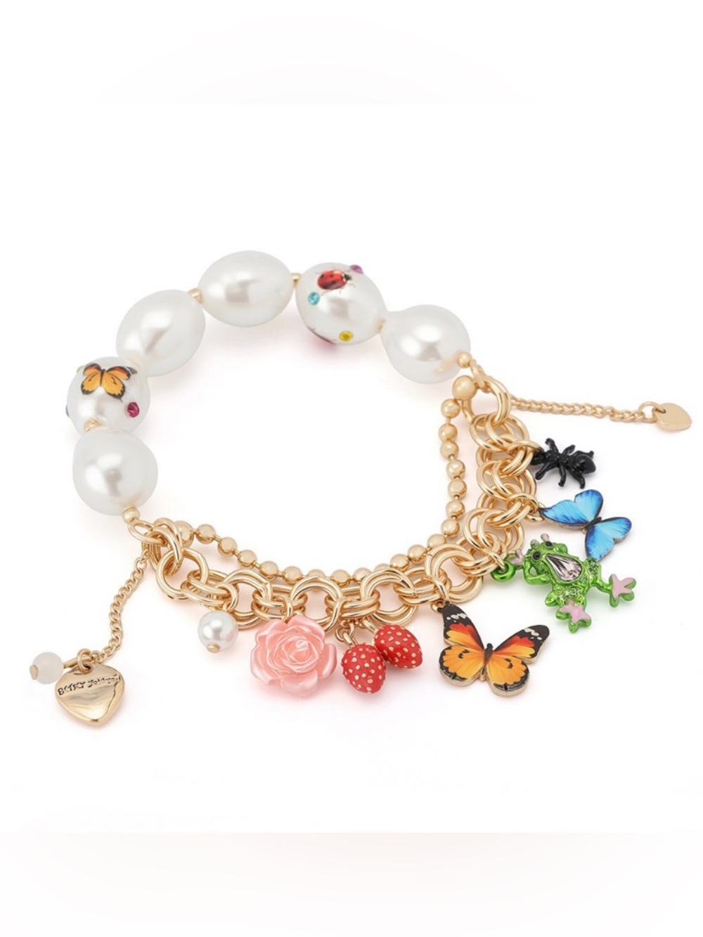 Betsey Johnson Faux Stone Backyard Butterfly Mixed Charm Pearl Stretch Bracelet